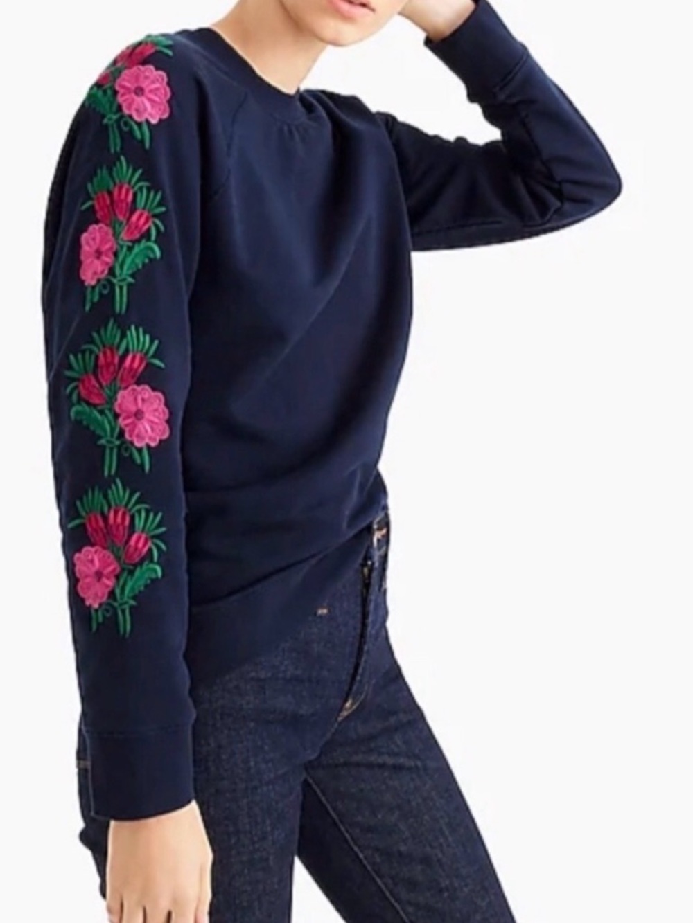 J. Crew Navy Crewneck Sweatshirt with Pink Embroidered Flowers Small